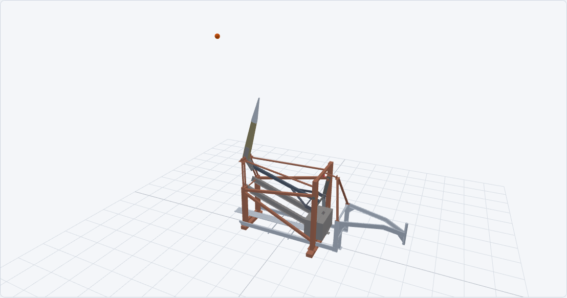 Three-dimensional model of the First in Fright trebuchet, showing its wooden frame, throwing arm, counterweight and links.